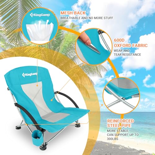 KingCamp Low Beach Chair Folding Portable Lightweight Backpack Chair for Adults with Cup Holder Pocket Carry Bag for Outdoor Camping Concert Festival Travel Sports Lawn Sand, Cyan - color: Cyan-low Back