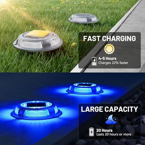 Solar Driveway Lights, 12 Pack Heavy Duty Driveway Lights Solar Powered 2 Color Mode (Cool White/Blue) IP68 Waterproof Outdoor Solar Deck Lights with Ground Stake for Pathway Garden Yard Walkway Dock - color: Cool White & Blue, size: 12 Pack