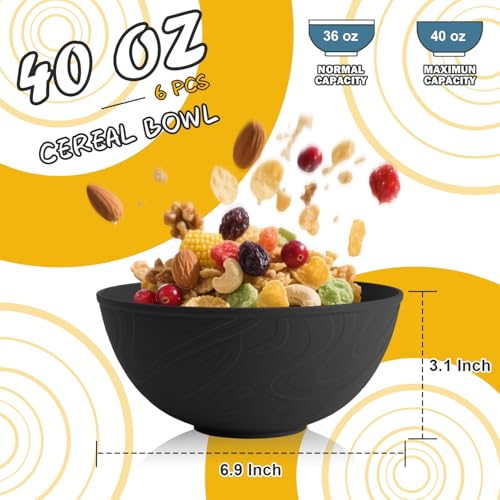 Unbreakable Cereal Bowls 40 OZ, Wheat Straw Bowls Set of 6, Anti Scald Extra Thick Soup Bowls, Reusable Plastic Bowl for Kitchen, Outdoor, Camping, RV, Black - color: Black, size: 40 Oz