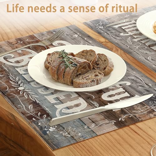 Thankful Blessed Placemats Set of 6,Vintage Wood Board Placemats Washable Kitchen Dining Linen Table Mats Stain Heat-Resistant for Home Party Indoor 12x18 inch - color: Thankful,blessed,vintage Wood Board