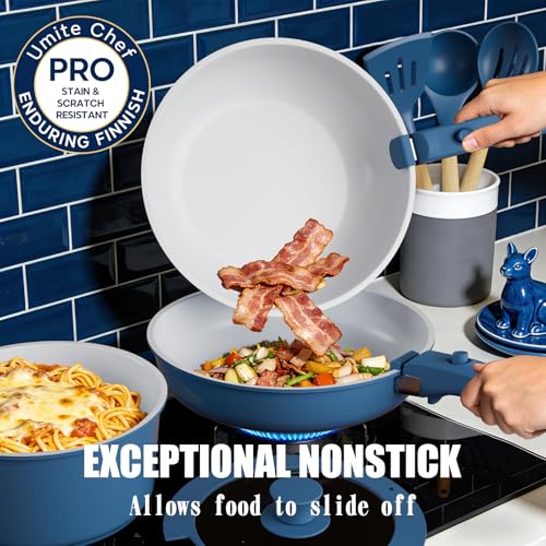Umite Chef Pots and Pans Set Non Stick, 21 pcs Ceramic Cookware Set with Detachable Handles, Healthy Induction Cookware Oven Safe RV Kitchen Cooking Set with Utensils, PFAS PFOA & PTFE Free, Navy - color: Navy