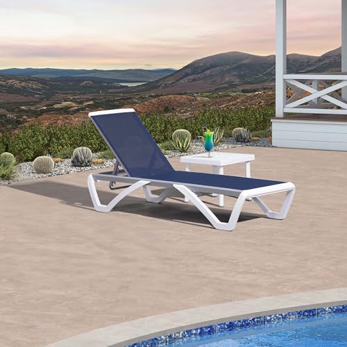 PURPLE LEAF Patio Chaise Lounge Chair Set Outside Aluminum Plastic Stackable Tanning Chairs with Side Table for Pool Sunbathing Beach Deck Outdoor Lounger, Navy Blue - color: Navy Blue, style: 1 chair + 1 table