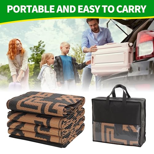 Outdoor Rugs, Outdoor Plastic Straw Rug, Reversible Waterproof Carpet for Camping, Poolside, Garden, BBQ Area, Gazebo Flooring, RV Park & Beach, Classical Style, 5x8 - color: Cross Frame - Black & Brown, size: 5' x 8'