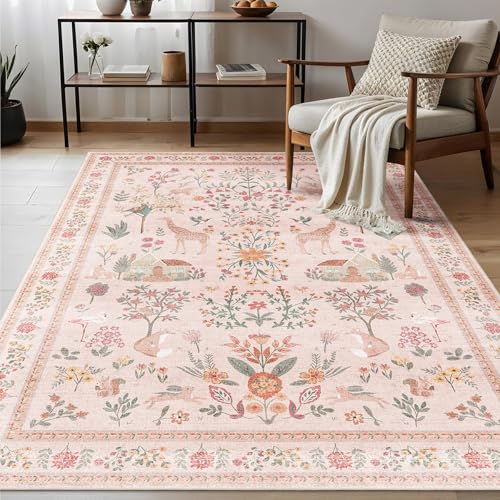 Pink Rug 5x7, Washable Boho Floral Botanical Animal Area Rug with Non Slip Backing Design,Indoor Soft Low Pile Carpet for Bedroom, Living Room, Dining Room, Farmhouse, Playroom - color: B#beige (Animal), size: 5' x 7' (Rectangular)