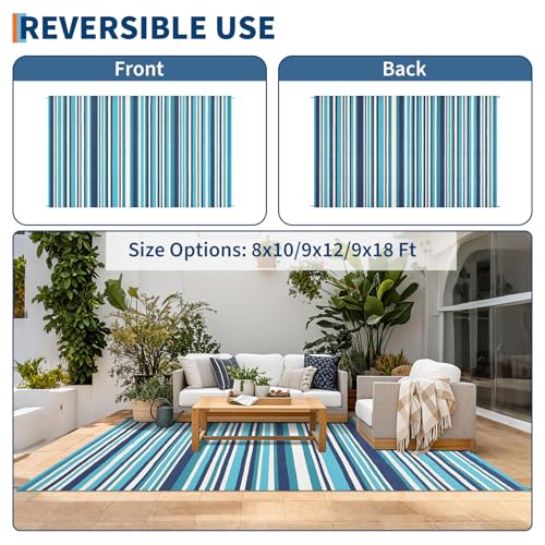 GarveeHome 9x18 Outdoor Rug Geometric Reversible Plastic Straw Outdoor Rugs Colorful Striped Outdoor Carpet UV Resistant Portable Large Modern Rug for Camping Beach Porch RV Deck, Navy Blue Teal - color: Geometric Stripes| Navy Blue Teal, size: 9' x 18' (