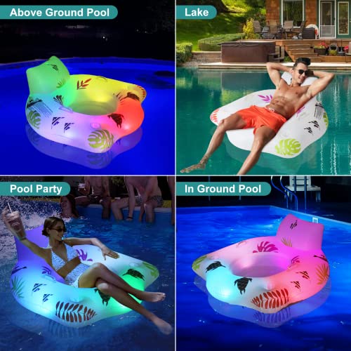 DeeprBlu Inflatable Pool Floats Chair with Color Changing Light, Solar Water Floats for Adults with 2 Cup Holders & 2 Armrests, Beach Float Pool Sofa, Pool Raft Lounge Pool Floaties for Adult