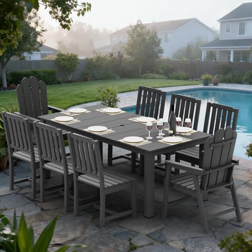 9-Piece Patio Dining Set, Outdoor Dining Set for 8, HDPE All-Weather Outdoor Furniture with 75.20” Umbrella Hole Table, 2 Armchairs & 6 Armless Chairs, Gray - color: Grey, size: 2 Armchairs & 6 Armless Chairs