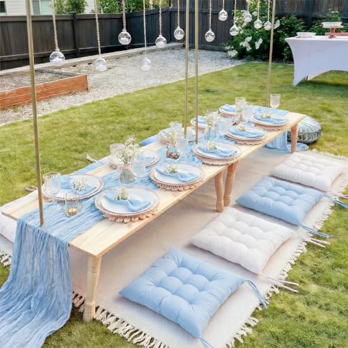 Extra Large Outdoor Picnic Blanket with Table Runner and Floor Pillow Cushion for Picnic Wedding Birthday Baby Shower Backyard Decor(91 x 71'',Light Blue,White,8 Pcs) - color: Light Blue,white