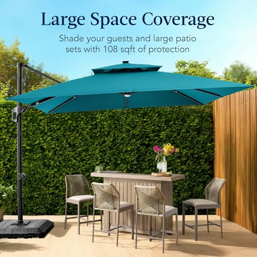 Best Choice Products 9x12ft LED Cantilever Patio Umbrella w/Base Included & 360° Rotation, Large Solar Offset Hanging Outdoor Sun Shade for Deck, Backyard Table w/Stand & Lights – Cerulean - color: Cerulean, size: 9x12ft