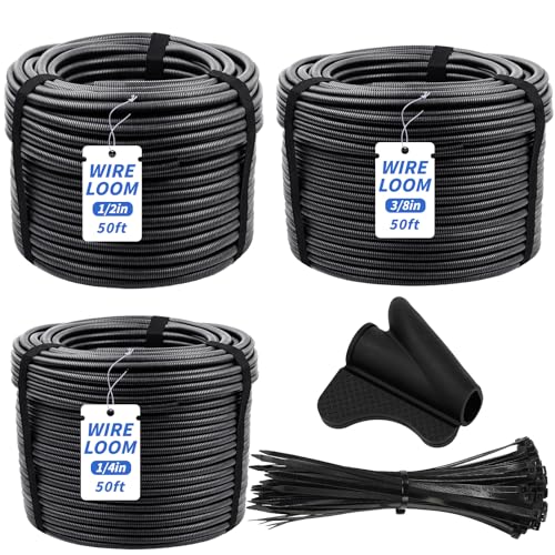 Split Wire Loom Tubing 1/4", 1/2", 3/8" x 50 FT Wire Protector Tubing, Automotive Wire Flexible Conduit Cord Covers with 50 Cable Ties for Automotive Marine RV Agriculture Electrical Cable Protection - color: Black, size: 1/4,1/2,3/8 in x 50ft