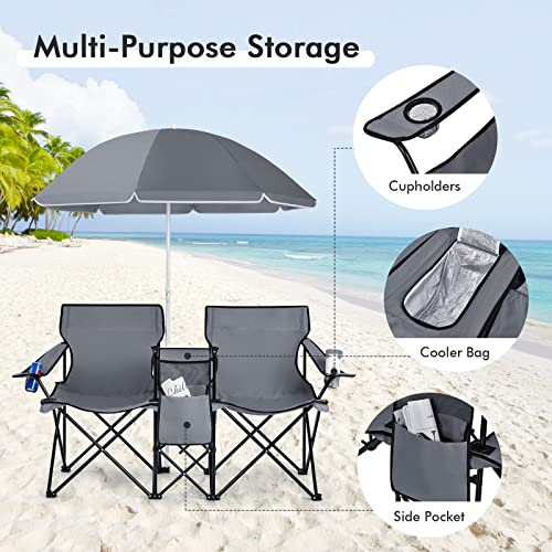 LDAILY LUARANE Folding Double Camping Chair, Outdoor Picnic Chairs w/Removable Umbrella, Mini Table, Cup Holder & Carrying Bag, Portable Camping Loveseat for Patio, Pool, Lawn, Beach, Park (Grey) - color: Grey