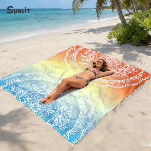 Sunlit Silky Soft Sand Proof Beach Blanket 106"x81" / 85"x72" Sand Proof Mat with Corner Pockets and Mesh Bag for Beach Party, Travel, Camping and Outdoor Music Festival, Mandala - color: Orange Blue, size: 85"x72"