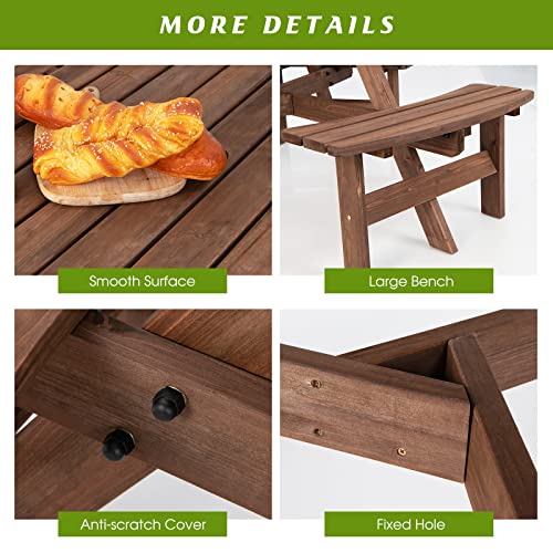 Giantex 6 Person Wooden Picnic Table Set with Wood Bench, with Umbrella Hold Design, Perfect for Outdoor Garden Yard Pub Beer Dining, Dark Brown - size: 67"L×67" W×27.5"