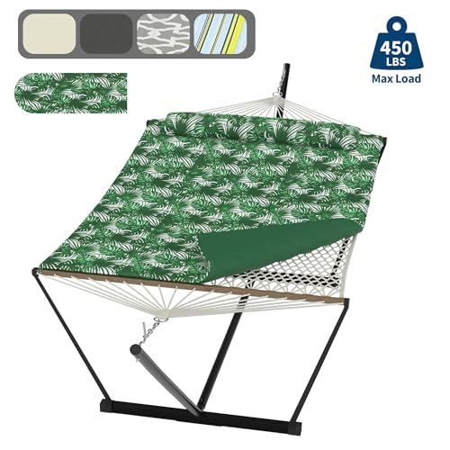 2 Person Outdoor Hammock with Stand, Person Cotton Rope Hammock with Polyester Pad, Portable Hammock with Carrying Bag, for Patio, Garden, Beach, Backyard Camping - color: Green