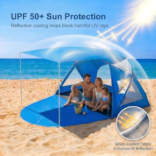 Beach Tent, Portable Sun Shelter for 2/3/4/6-8 Person with UPF 50+ UV Protection, Easy Setup Waterproof Beach Shade Canopy Cabana for Family Outdoor and Picnics, Fishing with Carrying Bag - color: Blue with Canopy, size: Standard 3-Person