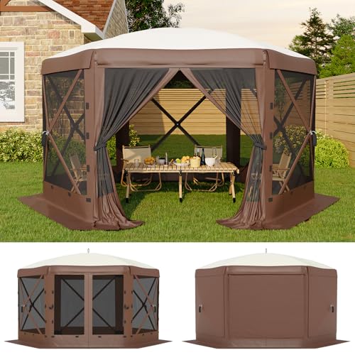 GarveeLife 11.5x11.5FT 6-Sided Pop Up Gazebo Tent，One-Push Setup Canopy Tent with Mesh Panels & Removable Wind Cloths, Outdoor shelter for Camping, Backyard Parties, Outdoor Events - Beige & Khaki - color: Beige & Khaki, size: Traditional Top - 11.5ft