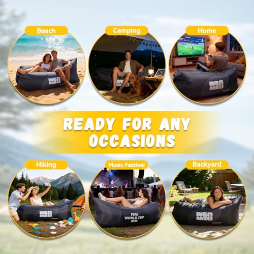 MESUCA FIFA World Cup 2026 Edition Inflatable Sun Lounger, Air Sofa, Blow Up Couch, 210T Polyester Inflatable Camping Chair is Ideal for Backyard, Beach, Travel, Picnics and Music Festivals Black - color: Black