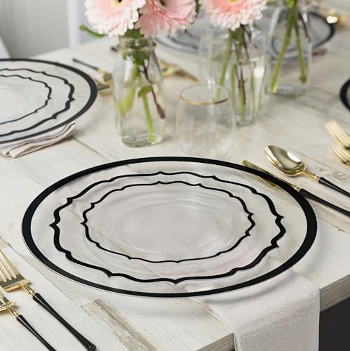 PLASTICPRO 32 Pack Elegant Disposable Plastic Plates Combo Set Includes 16 Dinner Plates and 16 Salad Plates Heavy Duty Fancy Party Plates Clear & Black Contemporary Design - color: Clear & Black Contemporary