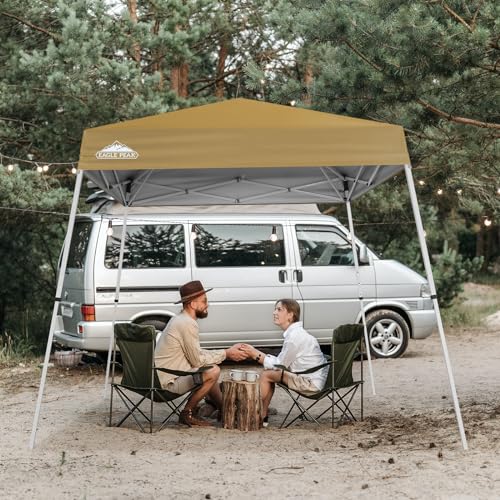 EAGLE PEAK 8x8 Slant Leg Pop-up Canopy Tent Easy One Person Setup Instant Outdoor Beach Canopy Folding Portable Sports Shelter 8x8 Base 6x6 Top (Beige) - color: Beige, size: 8x8