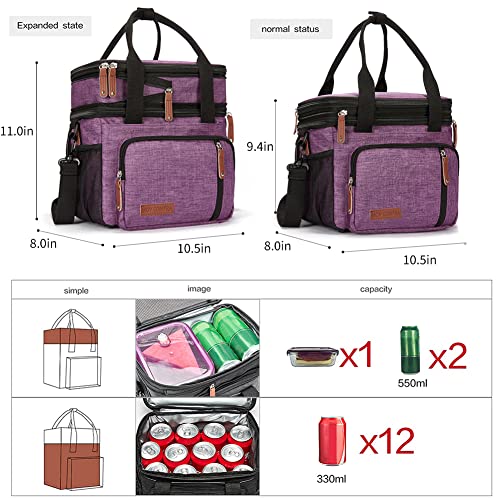 MOV COMPRA Purple Lunch Bag Women, Expandable Insulated Lunch Box for Work, Large Lunch Bag Leakproof Lunch Box Cooler Bag（Purple） - color: Purple