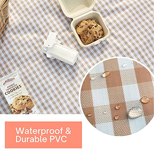 Cute Gingham Picnic Blanket, Waterproof Foldable, in Large 80x60in and Extra Large 80x80in, Portable Compact Beach Blanket, Oversized XL Outdoor Mat (Tan, X-Large) - color: Tan, size: X-Large