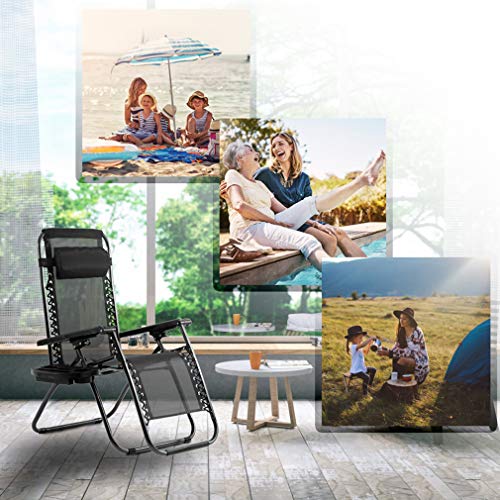 FDW Zero Gravity Lawn Lounge Chairs Set of 2 with Pillow and Cup Holder - Adjustable Reclining Folding Outdoor Chairs for Deck, Beach, Yard - color: Black