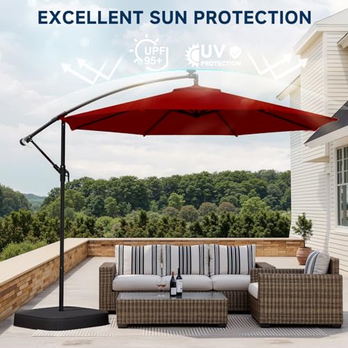 10FT Patio Umbrella with Base Included, Outdoor Offset Cantilever Umbrella, Infinite Tilt, UV Protection for Backyard, Lawn, Garden & Pool - color: Burgundy, size: 10FT w/Base (Offset Umbrella)