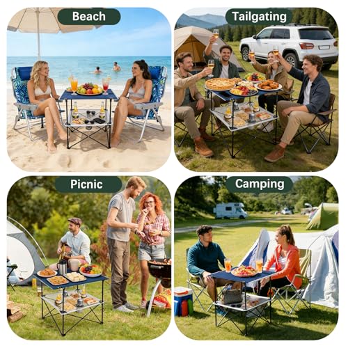 SUNNYFEEL Folding Camping Table- Collapsible Portable Beach Table with 4 Cup Holders & Carry Bags, Tailgate Table for Outdoor Excursion Picnic Hiking Fishing Travel Parties, Blue