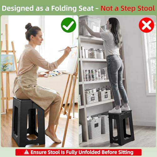 neotidy Foldable Stool Chair, 17.7” Tall Folding Seat for Adults up to 400 lb, Heavy-Duty Plastic Foldable Stool for Sitting, Portable Compact Folding Chair for Home Outdoor Camping, Black - color: Black