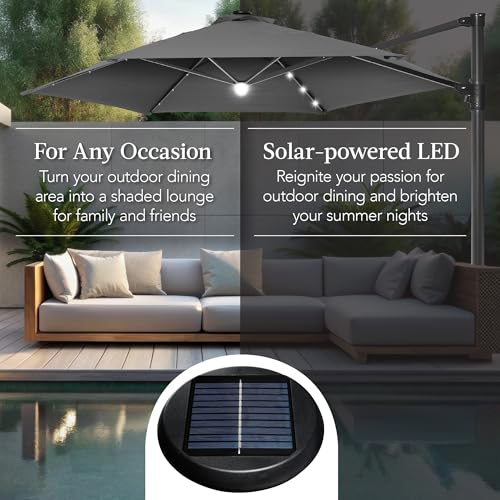Best Choice Products 10ft Solar LED Offset Cantilever Hanging Market Patio Umbrella, Smooth 360° Rotation, 8 Sturdy Ribs, Easy Adjustment - Gray - color: Gray, size: Offset w/ 360° Rotation