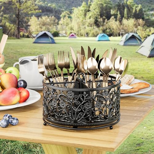 YIUKEA 360° Rotating Utensil Caddy - Silverware Cutlery Caddy Holder with 4 Compartment, Metal Flatware Organizer Countertop with Handle for Party Camping Picnic, Kitchen Counter, Office (Black) - color: Black