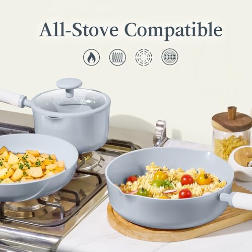 CAROTE Ceramic Cookware Set Nonstick, 9pcs Pots and Pans Set Non stick, Non-Toxic & PFAS-Free,Dishwasher, RV/Camping Cookware Set,Sauce Pan with Lid, Blue - color: Blue, size: Saucepan