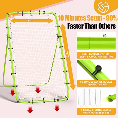 Volleyball Rebounder Net 7x4 Ft, 5-Angle Adjustable Rebounder Net for Practicing Digging, Setting, Spiking, Bounce Back Training Equipment with 2 Target Stripes & Portable Travel Bag for Storage - color: NET102-White Green