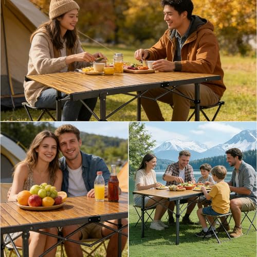 29.9" Tall Folding Camping Table for 2-6 Person, 54.7" Large Aluminum Foldable Roll-up Table Outdoor with Carry Bag for Picnic, Camp, Sturdy, Backyard, Patio - color: Natural