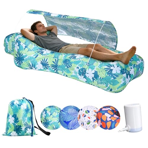 Inflatable Couch,Air Sofa with Sun-Shade Design,Built-in Storage,Ripstop Polyester&Stability Pegs,Portable Air Lounger for Beach,Camping,Easy to Carry,2 Inflation Ways(Included Pump)Leaf Green - color: Leaf Green