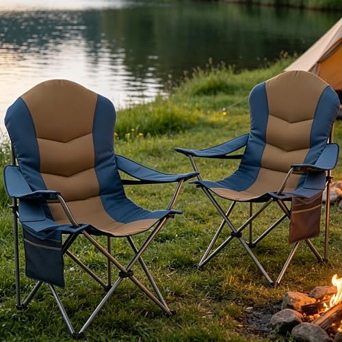 2 Pack Folding Camping Chairs for Adults - High Back Padded Outdoor Lawn Chairs with Lumbar Support & Cup Holder, 400lbs Heavy Duty Portable Camping Chairs Set (Blue & Brown, 2 PCS) - color: Blue & Brown-2 Pack, size: 2 PCS