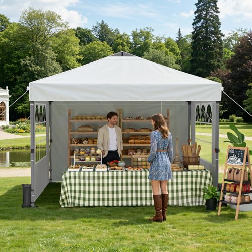 Raynesys Pop Up Canopy Tent with Sidewalls, 10x10ft 10 Person Party Tent One Push Setup, Portable Gazebo Outdoor Sun Shade for Events, Parties, Camping, Commercial, Silver Coated Top, White - color: White
