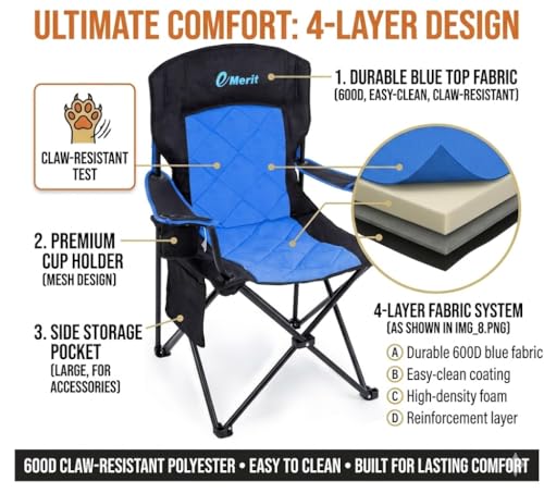 EMERIT Oversized Padded Camping Chair, 350LB Heavy Duty Quad Fold Chair with Arms, Collapsible Outdoor Chairs with Lumbar Back & Cup Holder - color: Blue