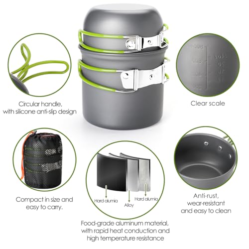Gutsdoor Camping Cookware Set Camping Gear Campfire Utensils Non-Stick Cooking Equipment Lightweight Stackable Pot Pan Bowls with Storage Bag for Outdoor Hiking - style: 12pcs (Green)