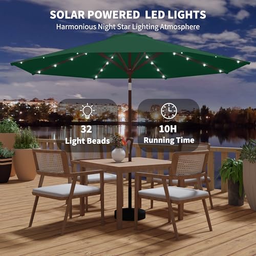 Kingdura 9FT Outdoor Patio Umbrella with Solar Lights, Market Table Umbrella with Push Button Tilt & Crank, 8 Sturdy Ribs, 32 LED Lights, UV Protection for Garden Lawn Deck Backyard Pool (Dark green) - color: Dark green-LED, size: 9 Ft
