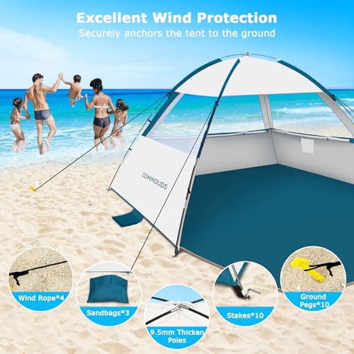 COMMOUDS Beach Tent Sun Shade for 3/4/6/8 Person, UPF 50+ Beach Sun Shelter Canopy Tent, Lightweight, Easy Set Up and Carry - color: Silver, size: 6 Person
