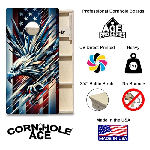 CornholeAce ACE PRO American Flag Cornhole Board Set - No Bounce! Triple Wide Legs, 3/4" Baltic Birch Plywood, Handles, Regulation Size (4x2ft), Tournament Style, Made in USA - color: Patriotic Eagle