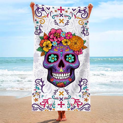 Bonsai Tree Sugar Skull Beach Towel, Purple Microfiber Bath Towel for Women, Sand Free Quick Dry Travel Towels Sugarskull for Women Yoga Sports Adults 30" X 60" - color: Sugarskull, size: 30"x60"