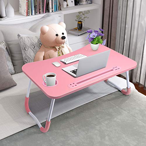 Slendor Lap Desk with Cup Holder, Foldable Laptop Table for Bed, Portable Bed Desk for Laptop and Writing, Computer Tray with Tablet Slot, Notebook Stand Reading Holder for Couch Sofa Floor,Pink - color: Pink