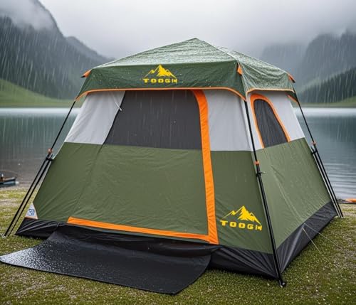 3/4 Person Camping Tent with 1 Door, 4 Windows, and Upgraded Ventilation– Instant Setup, Waterproof, 8'x 8'x 67''Oxford Fabric Floor Pop Up in 60 Seconds Includes Rainfly and Backpack - color: 4 Person Army Green