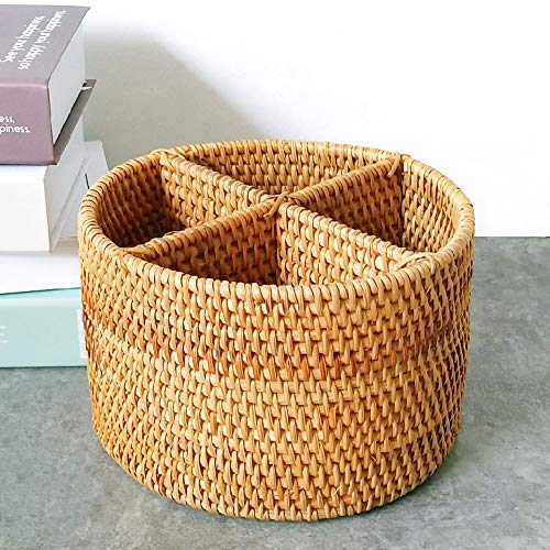 i-lan Natural Rattan 4 Compartments Storage Holder Cosmetics Organizer Utensil and Seasoning Bottle Serving Basket for Party(200mm 4-compartment Round Box) - size: 7.8"(round 4-section)