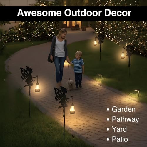 Solar Fairy Garden Accessories Outdoor 1 Pair - Metal Stakes Decorative Figurines Housewarming Ornament for Patio, Lawn, Yard, Pathway - Unique Gift Ideas for Mom Grandma (Warm Lighting)