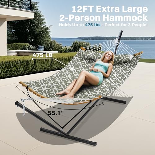 SUPERJARE Hammock with Stand, 2 Person Heavy Duty Hammock with Padded Cotton, Detachable Pillow & Strong Curved-Bar & Portable Carrying Bag, Perfect for Outdoor & Indoor, Grey with White Flower - color: Grey With White Flower