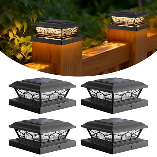 Brightever 4x4 3.5x3.5 Solar Post Cap Lights, 4-Pack Solar Powered Fence Post Light Outdoor Waterproof for Vinyl/Wooden Post, 2 Modes(Warm/Cool Light), Black Solar Deck Post Lights for Patio, Porch - color: Black, size: 4 Pack