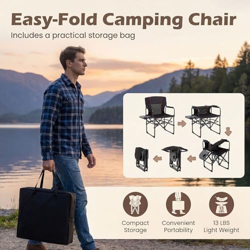 GYMAX Oversized Camping Directors Chair, Portable Folding Camping Chairs for Adults with Table, Heavy-Duty Lawn Chair for Fishing, Picnic, Sports, Beach, Outdoor, Supports 500LBS (Black) - color: Black